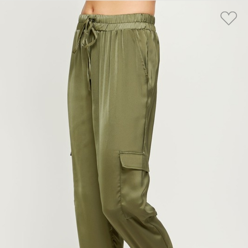 Women's silk joggers drawstring elastic high waist silky cargo pant